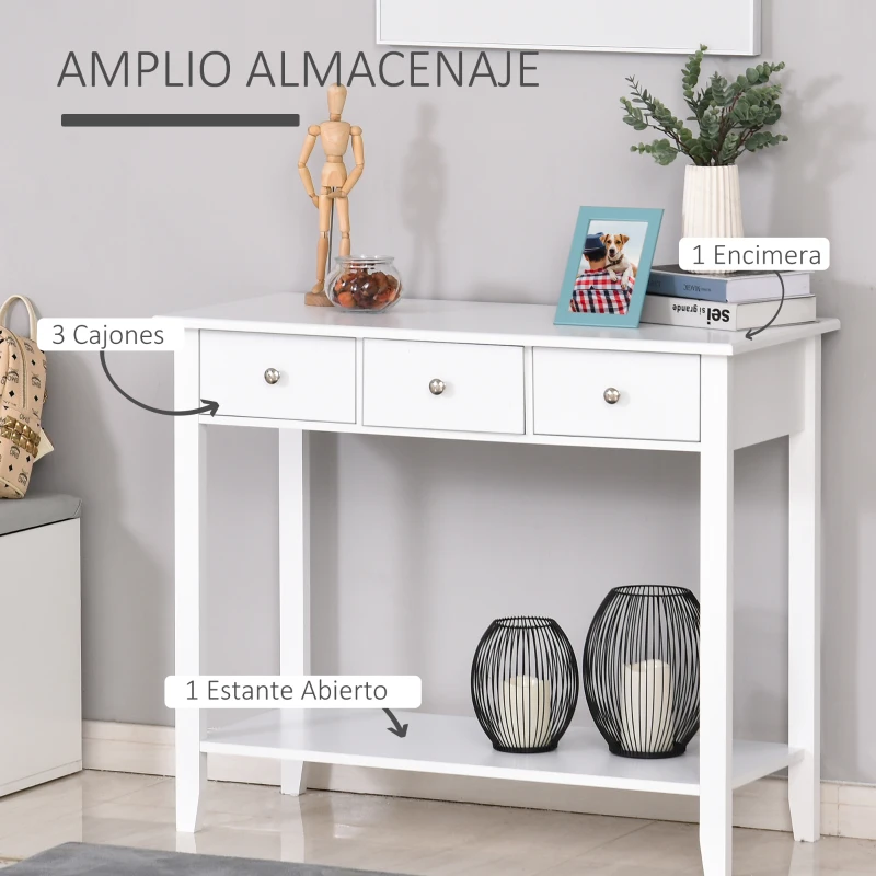 HOMCOM Mesa Auxiliar para la Entrada Con 3 Cajones y 1 Estante Inferior para Gran Espacio de Almacenaje para Muebles de Recibidor Tipo Consola Clásica Vintage 90x40x75cm Blanco