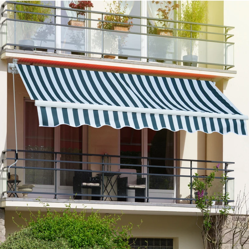 Outsunny Tenda da Sole Avvolgibile Manuale a Parete a Righe, Verde e bianco, 2.5x2m