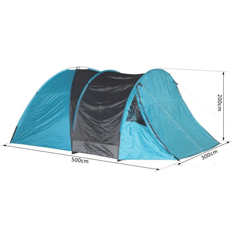 Outsunny Tenda da Campeggio con Chiodi e Corde Tiranti Protezione Insetti e Pioggia per 6 Persone Poliestere 500 x 300 x 200cm Blu e Grigio