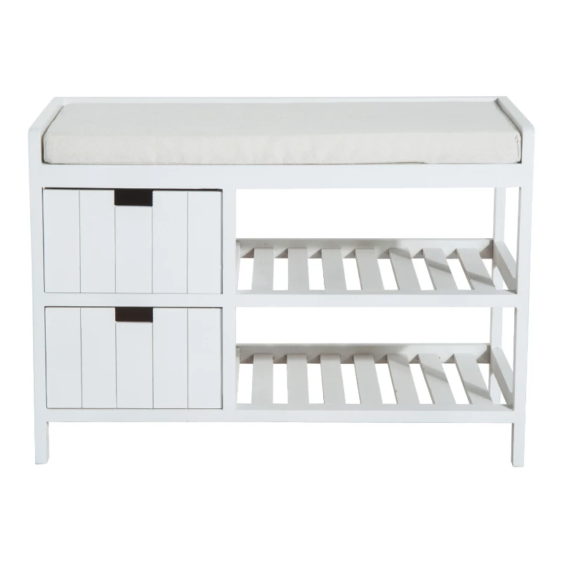 HOMCOM Panca Contenitore Shabby da Ingresso con Cuscino, Cassetti e Ripiani, in Legno, Bianco, 69 x 34 x 48cm