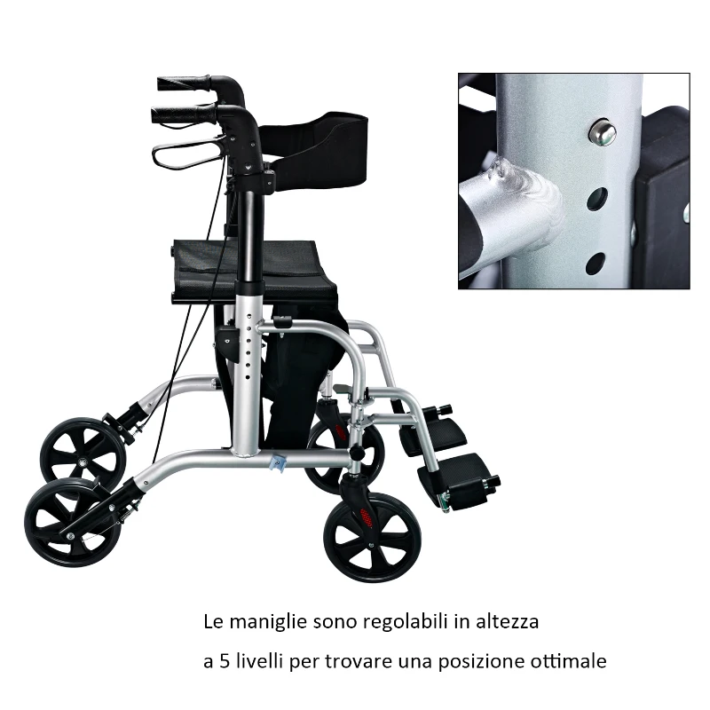 HOMCOM Set 2 in 1 Rollator Sedia a rotelle in alluminio trasporto Sedia gehhilfe regolabile in altezza pieghevole