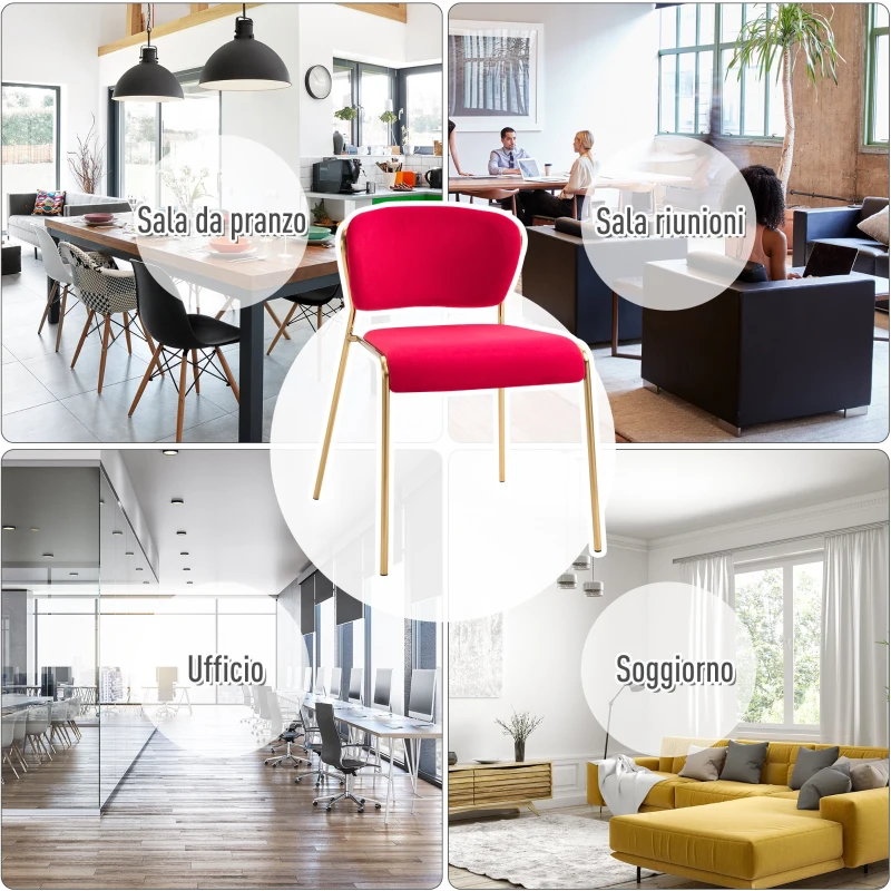 HOMCOM Set 4 Sedie di Design per Sala da Pranzo, Poltroncine Imbottite in Velluto Rosso e Gambe in Metallo Oro