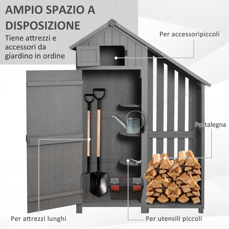 Outsunny Casetta Porta Attrezzi da Giardino in Legno di Abete Impermeabile con Ripiani e Legnaia, Grigia 129x51.5x180cm