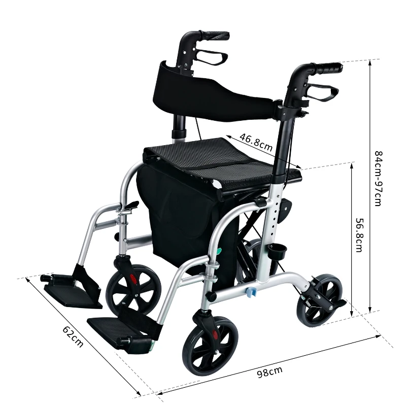 HOMCOM Set 2 in 1 Rollator Sedia a rotelle in alluminio trasporto Sedia gehhilfe regolabile in altezza pieghevole