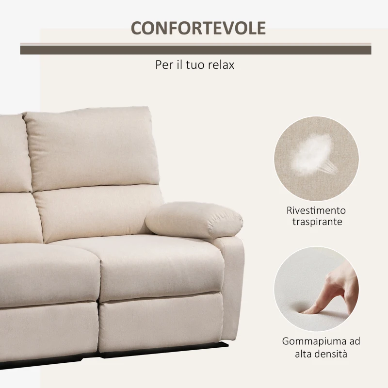HOMCOM Divano 2 Posti Moderno in Tessuto Beige con Schienale Reclinabile e Recliner Manuale, 134x92x97cm