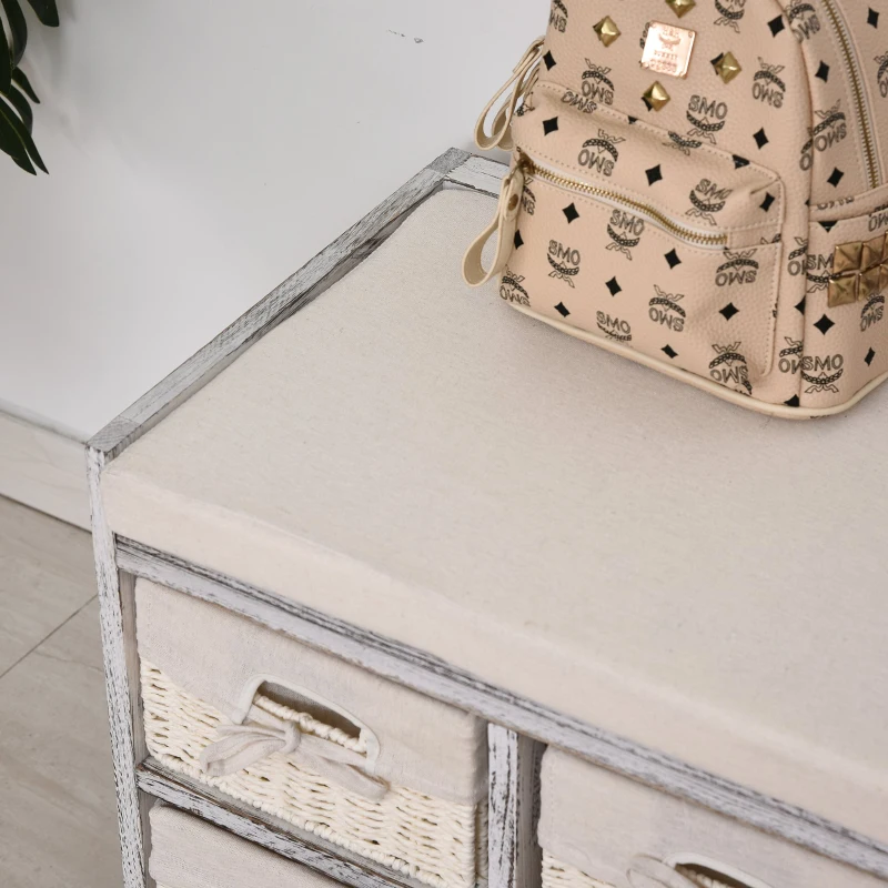 HOMCOM Cassettiera Stile Shabby Chic con Cestini in Vimini, Struttura in Legno e Seduta Imbottita, 80x37x45cm