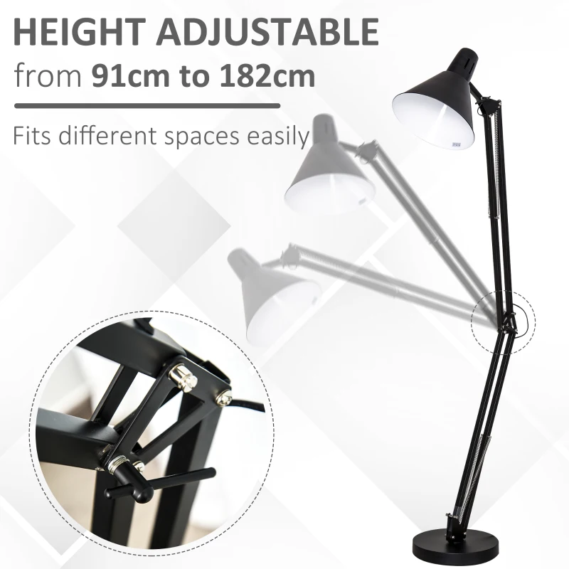 HOMCOM Lampada da Terra con Paralume e Altezza Regolabile, Interruttore a Pedale, in Metallo, Nero, 63x31.5x91-182cm