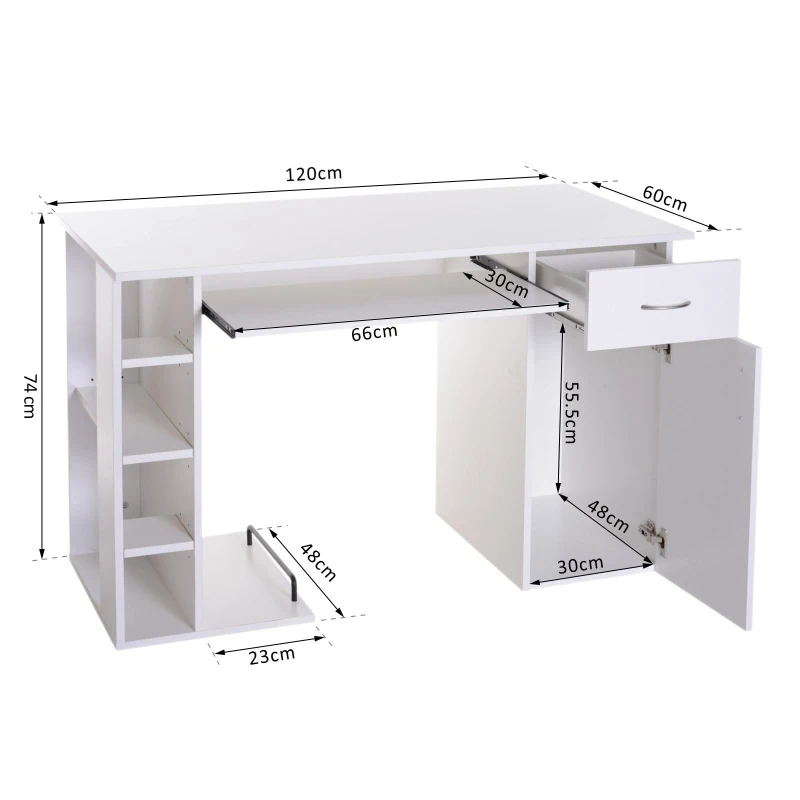 HomCom Scrivania da Ufficio Porta PC con Ripiano Tastiera, Bianco, 74x120x60cm