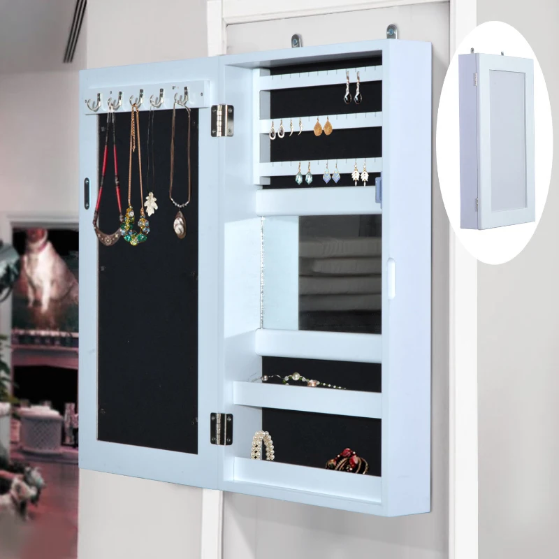 HomCom Armadio Portagioie con Specchiera da Parete in Legno, Bianco, 31x56x8.5cm