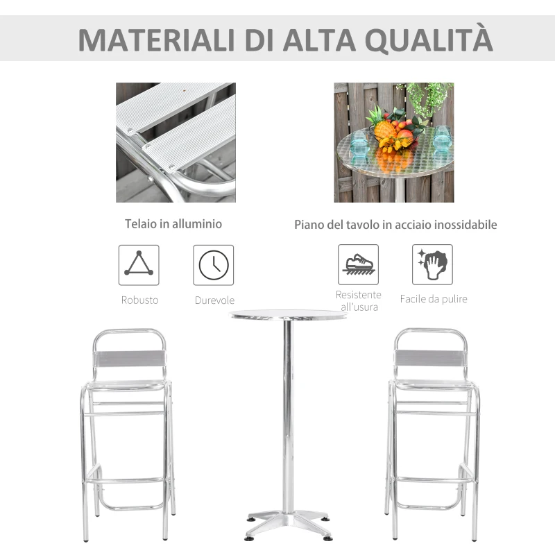 Outsunny Set Tavolino Alto con 2 Sgabelli da Bar, Arredamento da Giardino in Alluminio e Acciaio Colore Argento