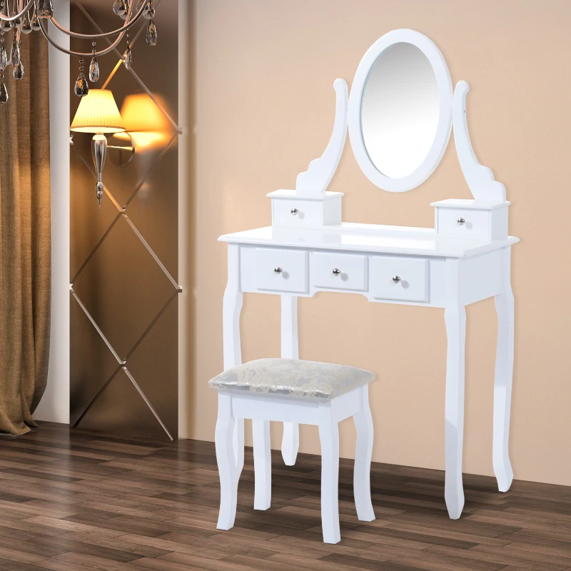HOMCOM Toeletta Tavolo da Trucco con Specchiera e Sgabello Imbottito, Legno, Bianco