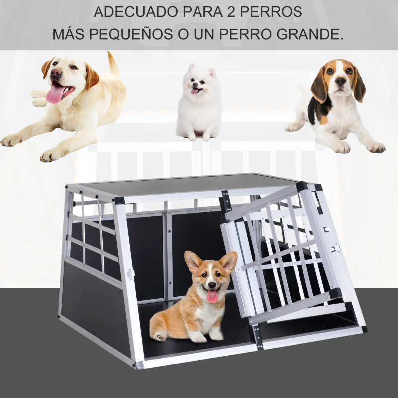 Pawhut Jaula Aluminio para Perros Transportín Aluminio de Perro para Viaje Doble Puerta con Tabique Hermético Extraíble 89,5x68,5x50 cm