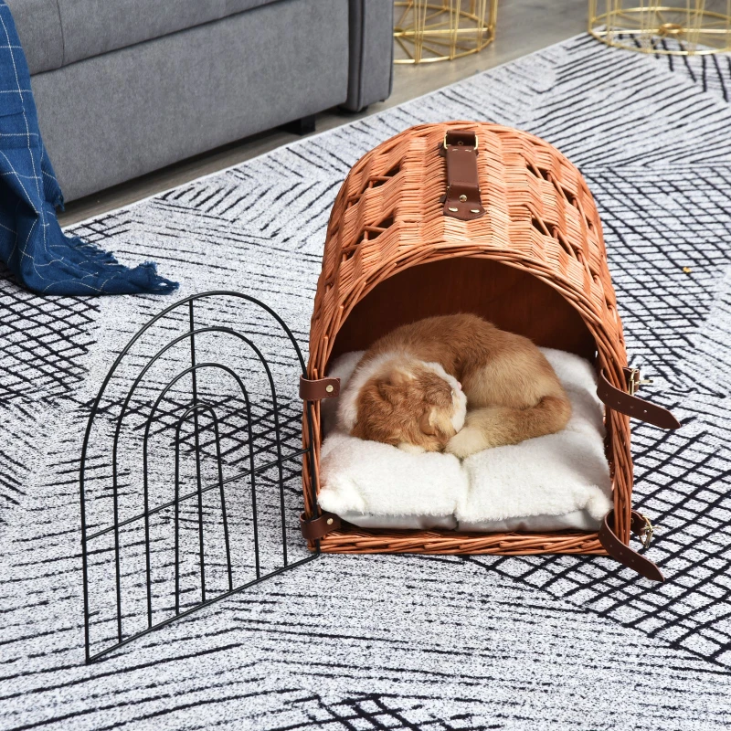 Outsunny Trasportino per Gatti Fino 5Kg in Vimini Naturale Atossico con Cuscino in Velluto Bianco