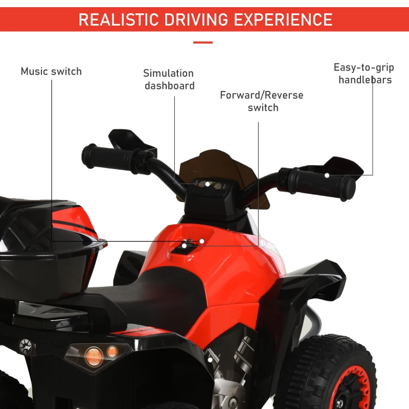 HOMCOM Quad Elettrico per Bambini con Motore 6V, Velocità Massima 5 km/h, Musica e Fanali Funzionanti, Rosso