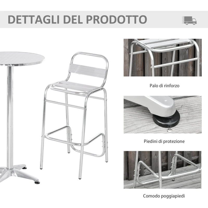 Outsunny Set Tavolino Alto con 2 Sgabelli da Bar, Arredamento da Giardino in Alluminio e Acciaio Colore Argento