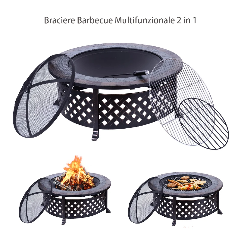 Outsunny Braciere a Carbone per Barbecue Riscaldamento da Giardino con Griglia Coperchio Attizzatoio in Ferro