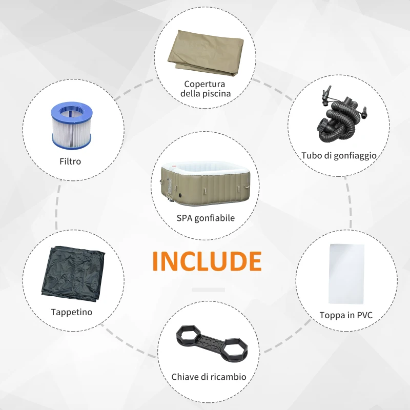 Outsunny Idromassaggio Gonfiabile con Telo 100 Getti e Riscaldamento 42°C per 2-4 Persone, 150x150x65cm Bianco e Marrone