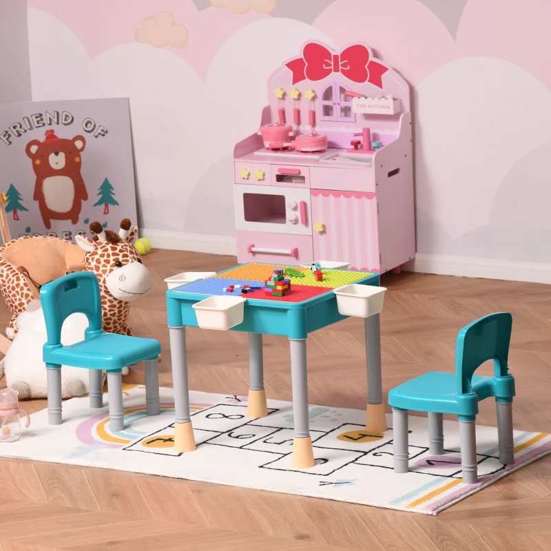 HOMCOM Set Tavolo Contenitore con 2 Sedie e 4 Scatole Portagiochi per Bambini