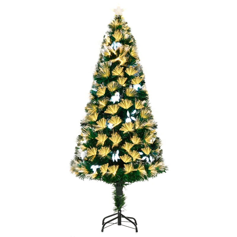 HOMCOM Árbol de Navidad Artificial 150 cm Luminoso con Fibra Óptica 170 Luces LED 8 Modos Brillantes 120 Cuentas Blancas y 170 Ramas Decoración Interior Ø70x150 cm Verde