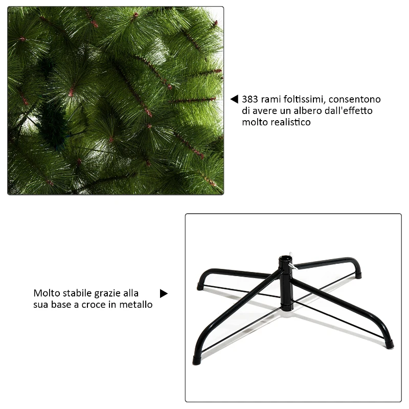 HOMCOM Albero di Natale Artificiale 180cm Folto con 383 Rami e Supporto in Ferro