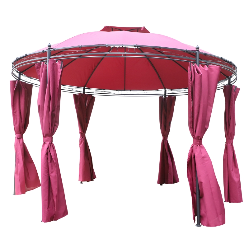 Outsunny Gazebo Elegante in Acciaio Rotondo Diametro 350cm con Teli Laterali Bordeaux