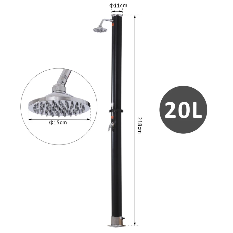 Outsunny Doccia Energia Solare da Giardino Piscina Esterno Serbatoio 20L PVC Ф11 x 218cm Nero