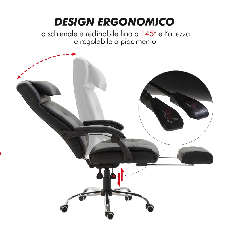 HOMCOM Sedia da Ufficio Ergonomica Girevole Poltrona Presidenziale Reclinabile con Poggiapiedi Estraibile 64.5×66.5×114-124cm Nero
