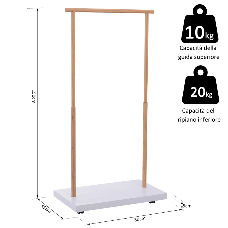 HOMCOM Stand Appendiabiti Salvaspazio con Ruote Bambù, MDF 80x45x150cm Bianco e Legno Naturale