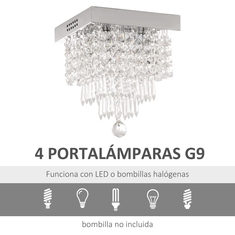 HOMCOM Lámpara de Techo de Cristal K9 Moderna con 4 Casquillos G9 de 40W y Base de Acero Inoxidable Lámpara de Araña para Comedor Dormitorio Salón Ø25x29 cm Plata