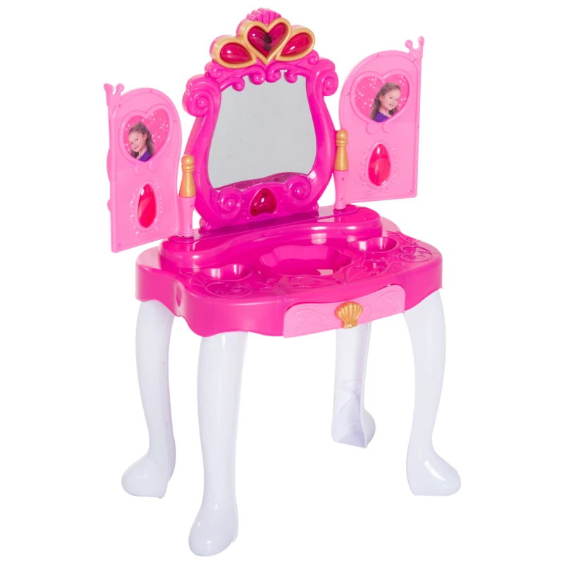 HOMCOM Tavolo da Trucco con Sgabello Specchiera per Bambina con Luci e Musica 43.5x31.5x72.5cm Rosa
