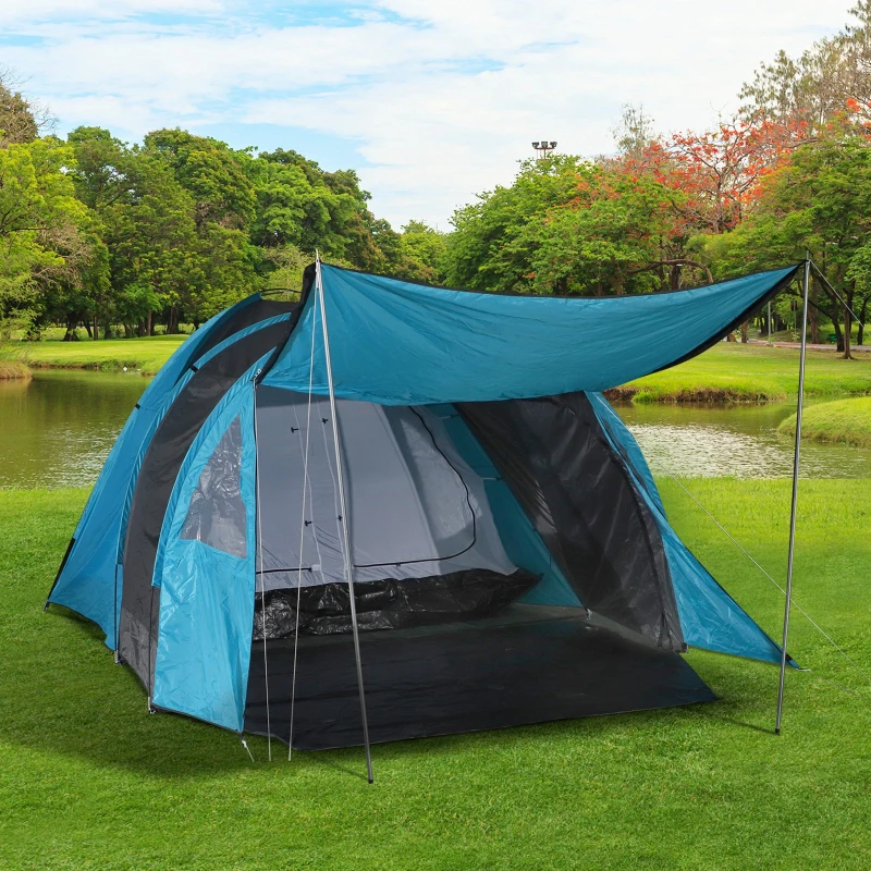 Outsunny Tenda da Campeggio con Chiodi e Corde Tiranti Protezione Insetti e Pioggia per 6 Persone Poliestere 500 x 300 x 200cm Blu e Grigio
