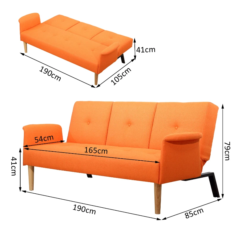 HOMCOM Divano Letto Matrimoniale Divano a 3 Posti con Funzione Tavolino in Tessuto di Lino Arancione, 190 x 85 x 79cm
