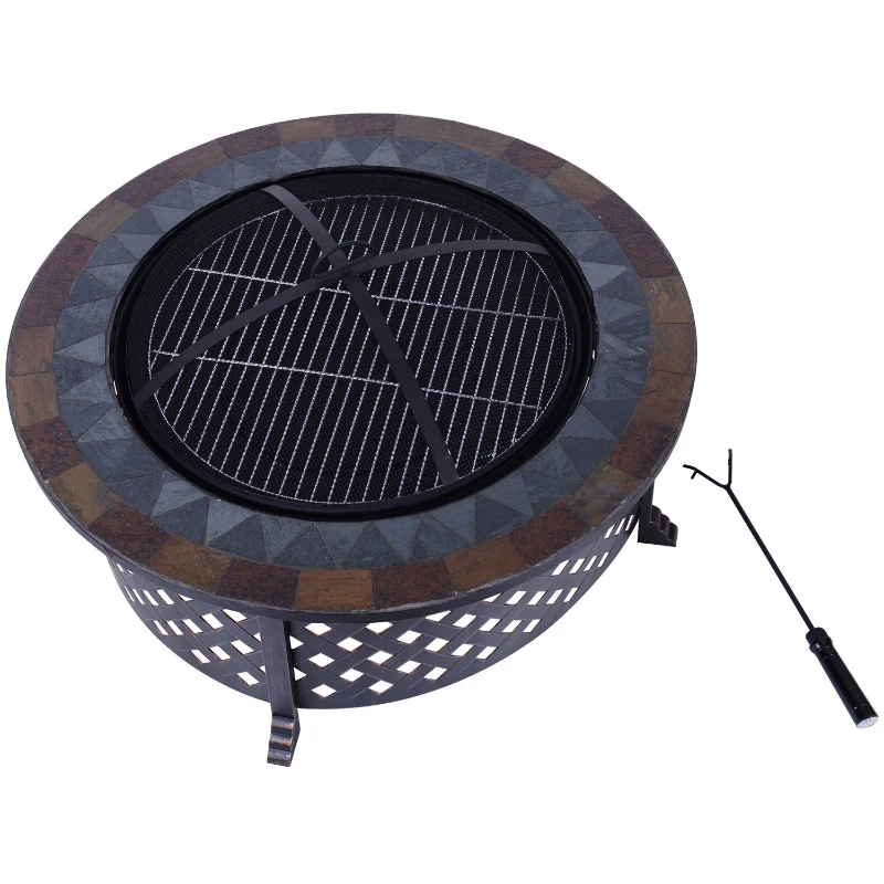 Outsunny Braciere a Carbone per Barbecue Riscaldamento da Giardino con Griglia Coperchio Attizzatoio in Ferro