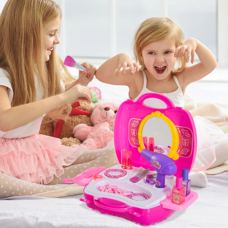 HOMCOM Set Bellezza Trucchi Giocattolo Valigetta Richiudibile Bambine 20pz Portatile 34 × 27 × 29cm Rosa
