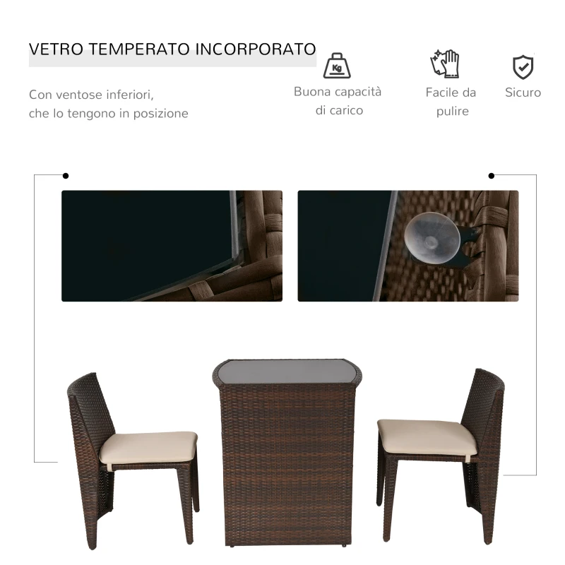 Outsunny Set Mobili da Giardino Salvaspazio con 1 Tavolo e 2 Sedie in Rattan PE Marrone