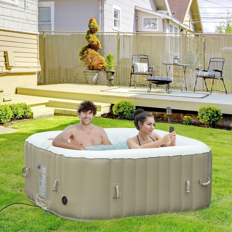 Outsunny Idromassaggio Gonfiabile con Telo 100 Getti e Riscaldamento 42°C per 2-4 Persone, 150x150x65cm Bianco e Marrone