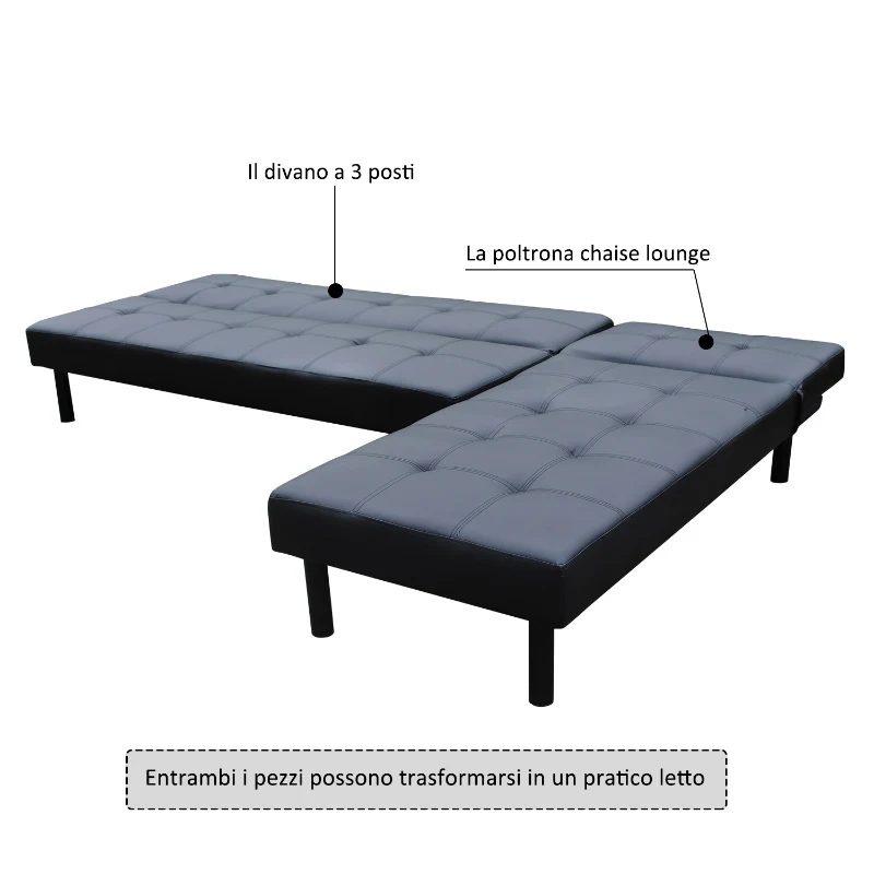 HOMCOM – Divano Letto con Poltrona Chaise Lounge Multifunzionale in Ecopelle, Nero