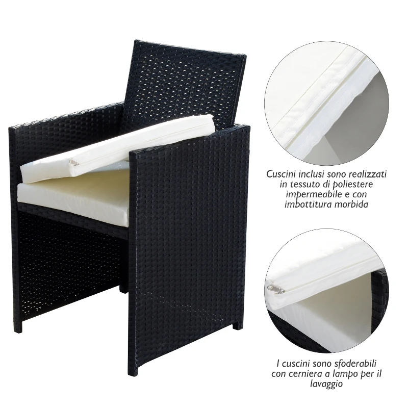 Outsunny Set Mobili da Giardino in PE Rattan Tavolo 2 Sedie 2 Poggiapiedi con Cuscini, Nero