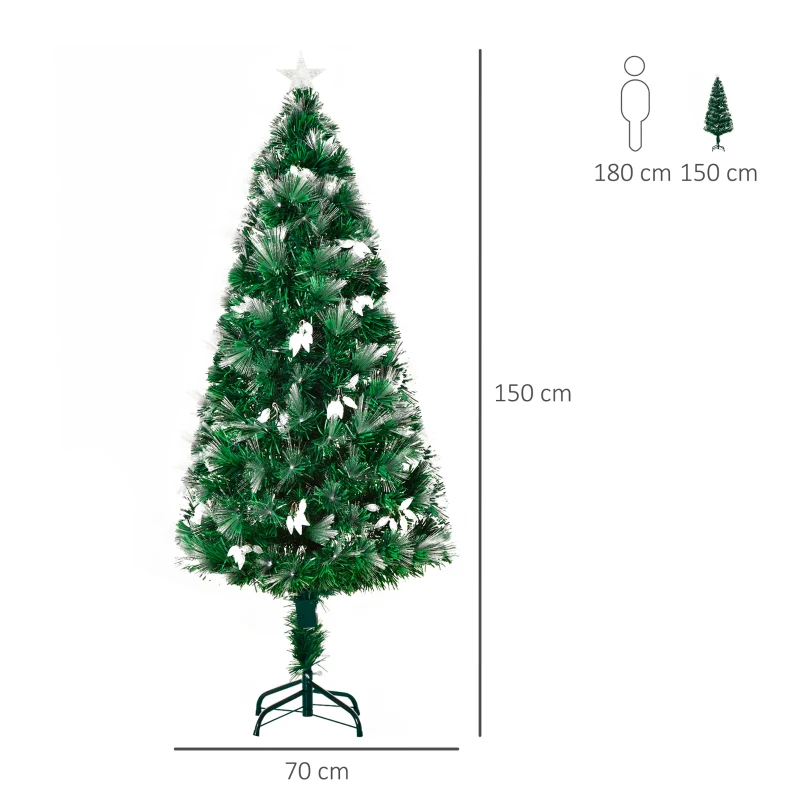 HOMCOM Árbol de Navidad Artificial 150 cm Luminoso con Fibra Óptica 170 Luces LED 8 Modos Brillantes 120 Cuentas Blancas y 170 Ramas Decoración Interior Ø70x150 cm Verde