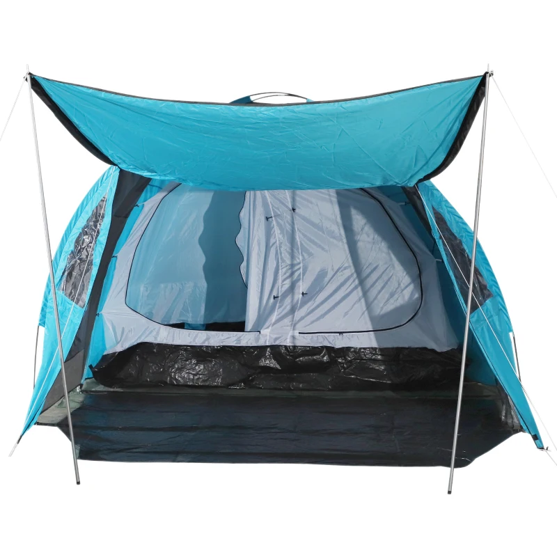 Outsunny Tenda da Campeggio con Chiodi e Corde Tiranti Protezione Insetti e Pioggia per 6 Persone Poliestere 500 x 300 x 200cm Blu e Grigio
