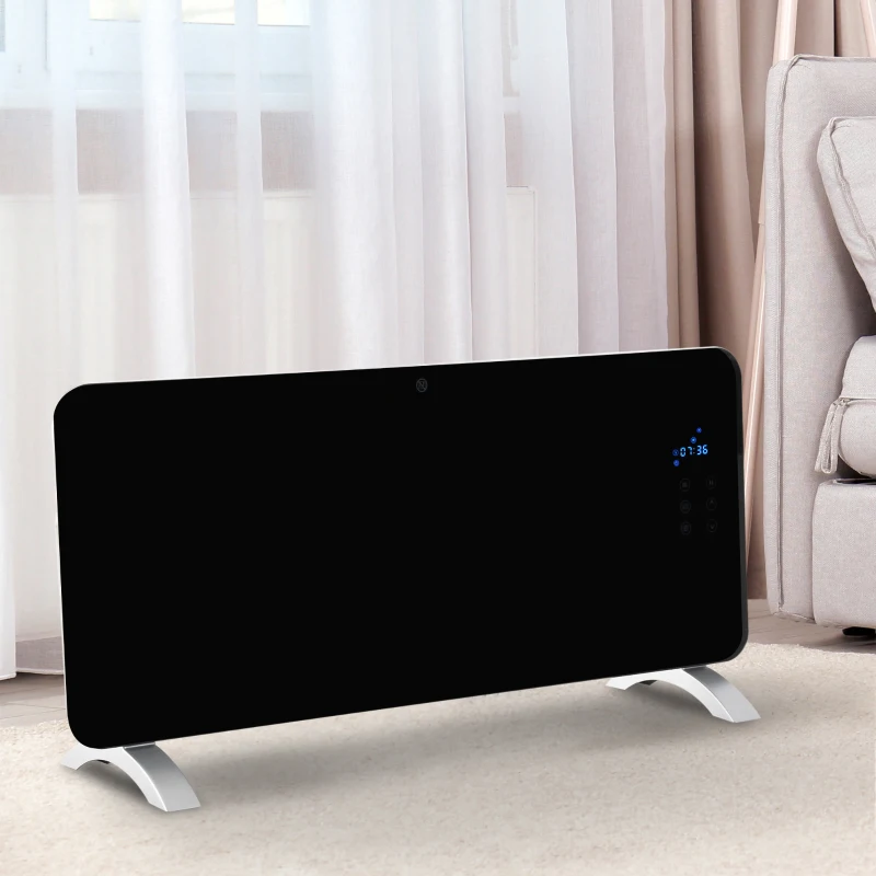 HOMCOM Termoconvettore Elettrico a Parete o a Terra Riscaldatore 1000W/2000W con Telecomando in Acciaio Vetro 92x24x43cm Nero