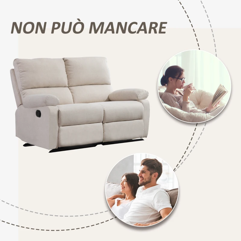 HOMCOM Divano 2 Posti Moderno in Tessuto Beige con Schienale Reclinabile e Recliner Manuale, 134x92x97cm