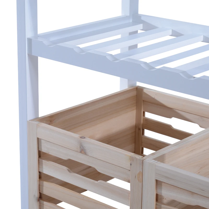 HOMCOM Carrello da Cucina Multifunzionale con 2 Ceste e Portabottiglie in Legno di Pino, Bianco, 70 x 40 x 86cm