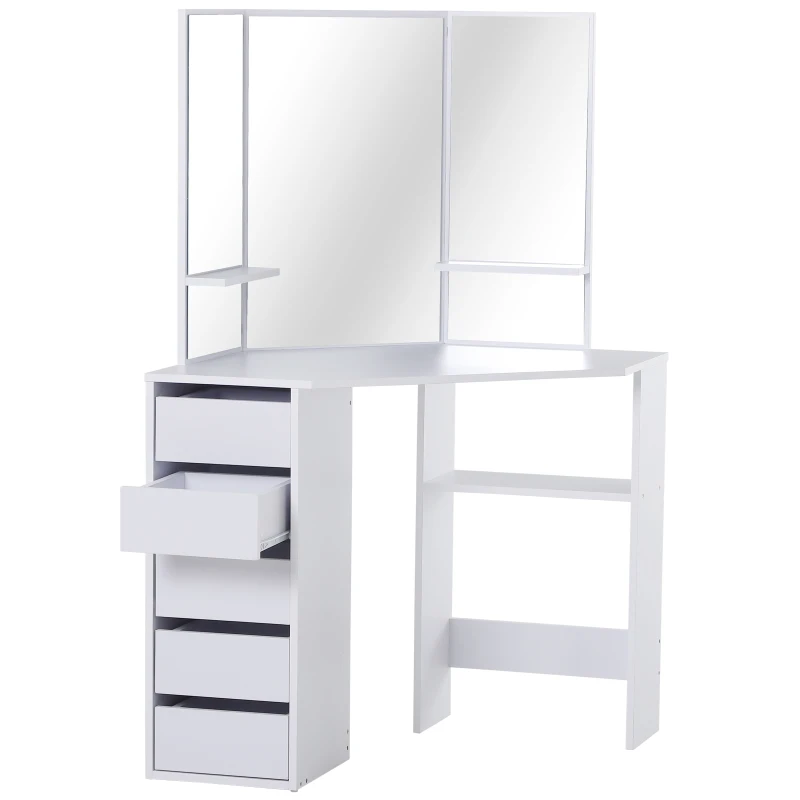HOMCOM Postazione Trucco con 3 Specchi Pieghevoli, Tavolo Makeup in Legno Bianco con 5 Cassetti - 111x56.2x141.3cm