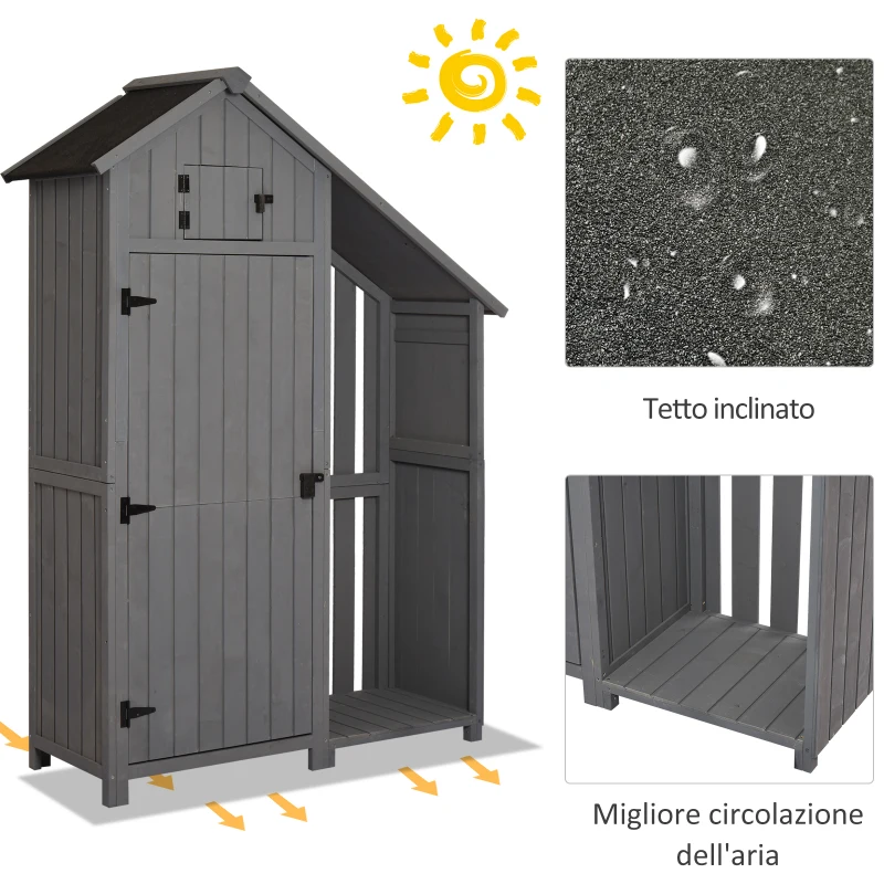 Outsunny Casetta Porta Attrezzi da Giardino in Legno di Abete Impermeabile con Ripiani e Legnaia, Grigia 129x51.5x180cm