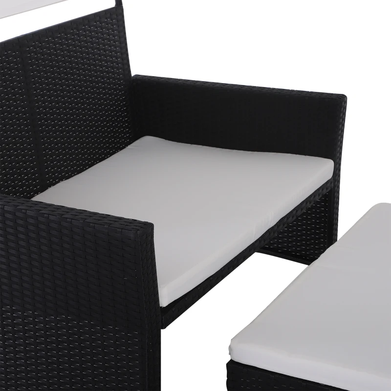 Outsunny Set Divano con Poggiapiedi Tetto Rimovibile da Giardino Esterno Rattan Nero Bianco