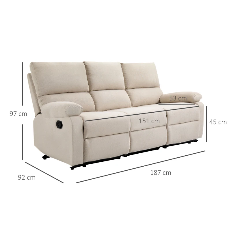 HOMCOM Divano 3 Posti con 2 Sedute Reclinabili e Poggiapiedi Integrato, Rivestimento in Tessuto Beige, 187x92x97cm