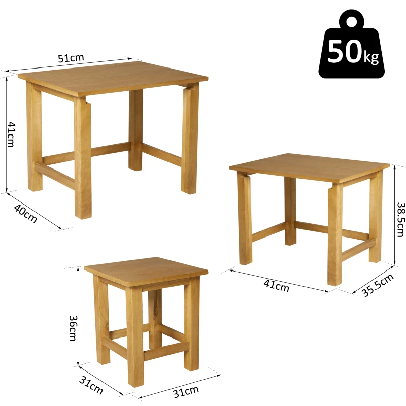 HOMCOM Set 3 Tavolini con Diverse Misure Impilabili Tavolini da Caffè, Tavolini d'Appoggio per Soggiorno, Giardino, Balcone Legno di Quercia di Elevata Qualità