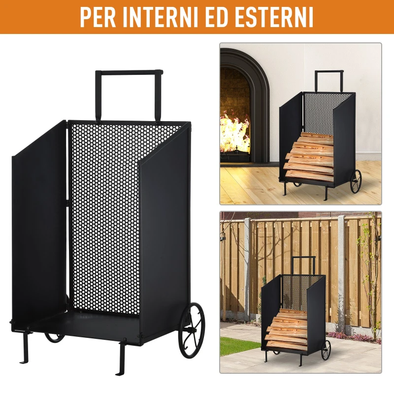 Outsunny Carrello Portalegna in Ferro Nero con 2 Ruote per Interni o Esterni