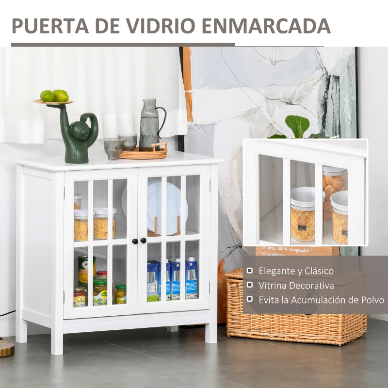 HOMCOM Aparador de Cocina Armario de Almacenaje con 2 Puertas de Vidrio Dispositivo Antivuelco Comedor Entrada Buffet 80x36,5x76 cm Blanco